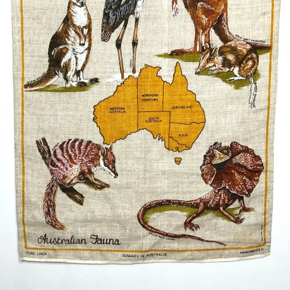 Vintage Hand Printed Pure Linen Australian Fauna Hanging Art